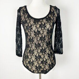 Y2K Studio JPR Black Floral Lace Long Sleeve Bodysuit Top Size Small Women's